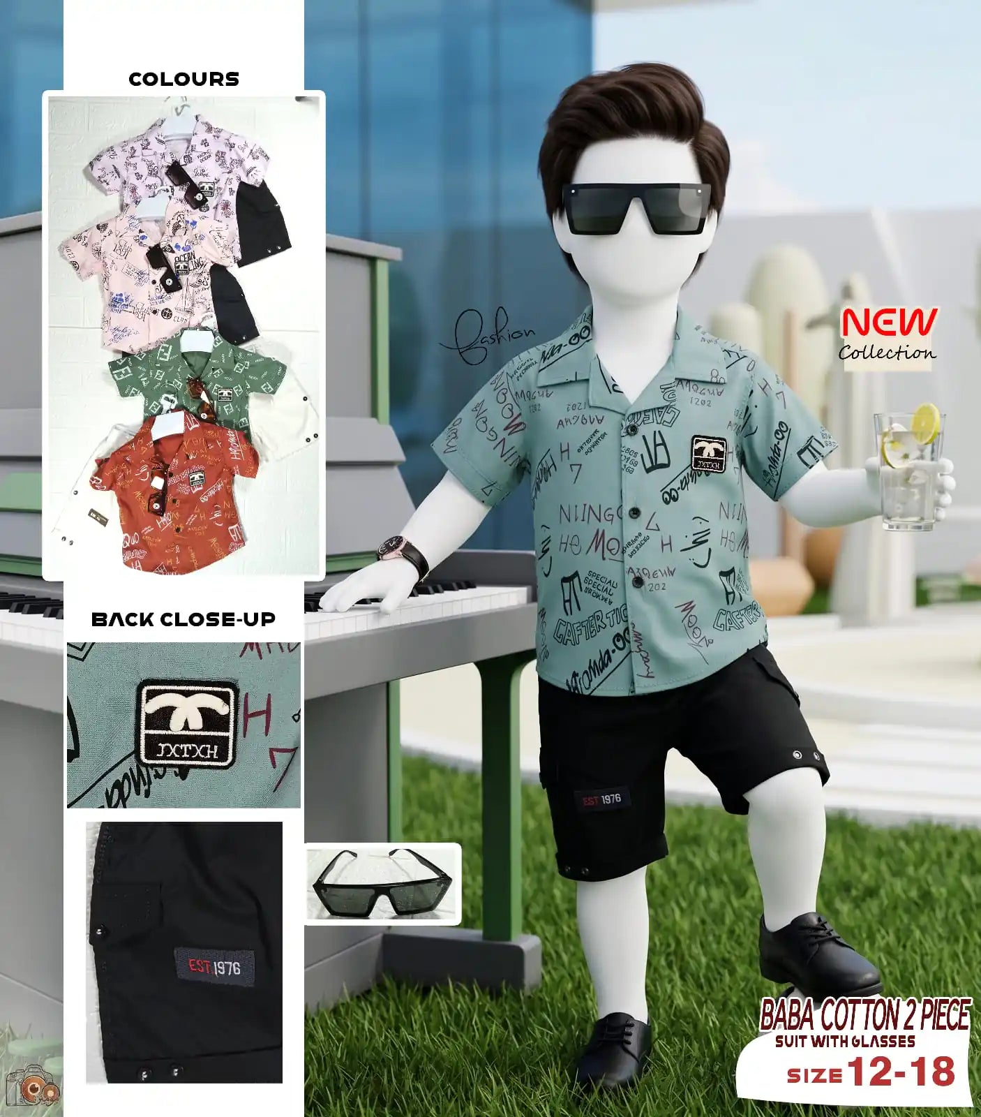 Baba Cotton 2-Piece Suit with Glasses – Mint Edition